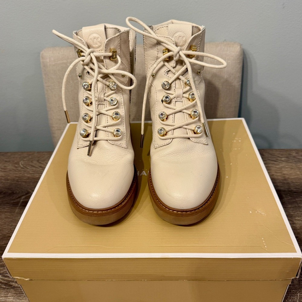 Michael Kors Cream Trudy Embellished Lace-Up Boots, Size 8.5